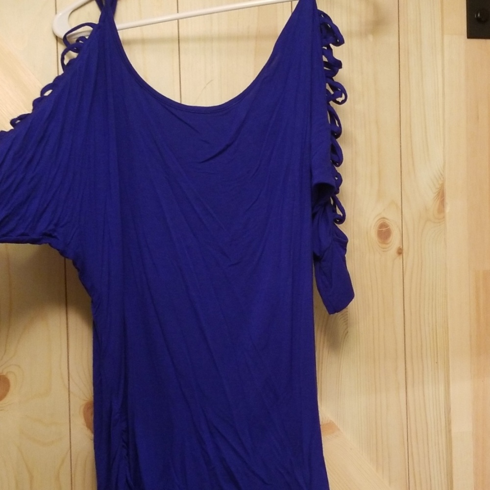 Cut Out Sleeve Blue Blouse